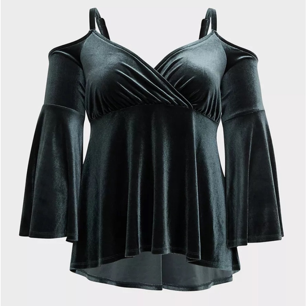 Torrid Knit Velvet V-Neck Cold Shoulder Long Sleeve Babydoll Green Blouse